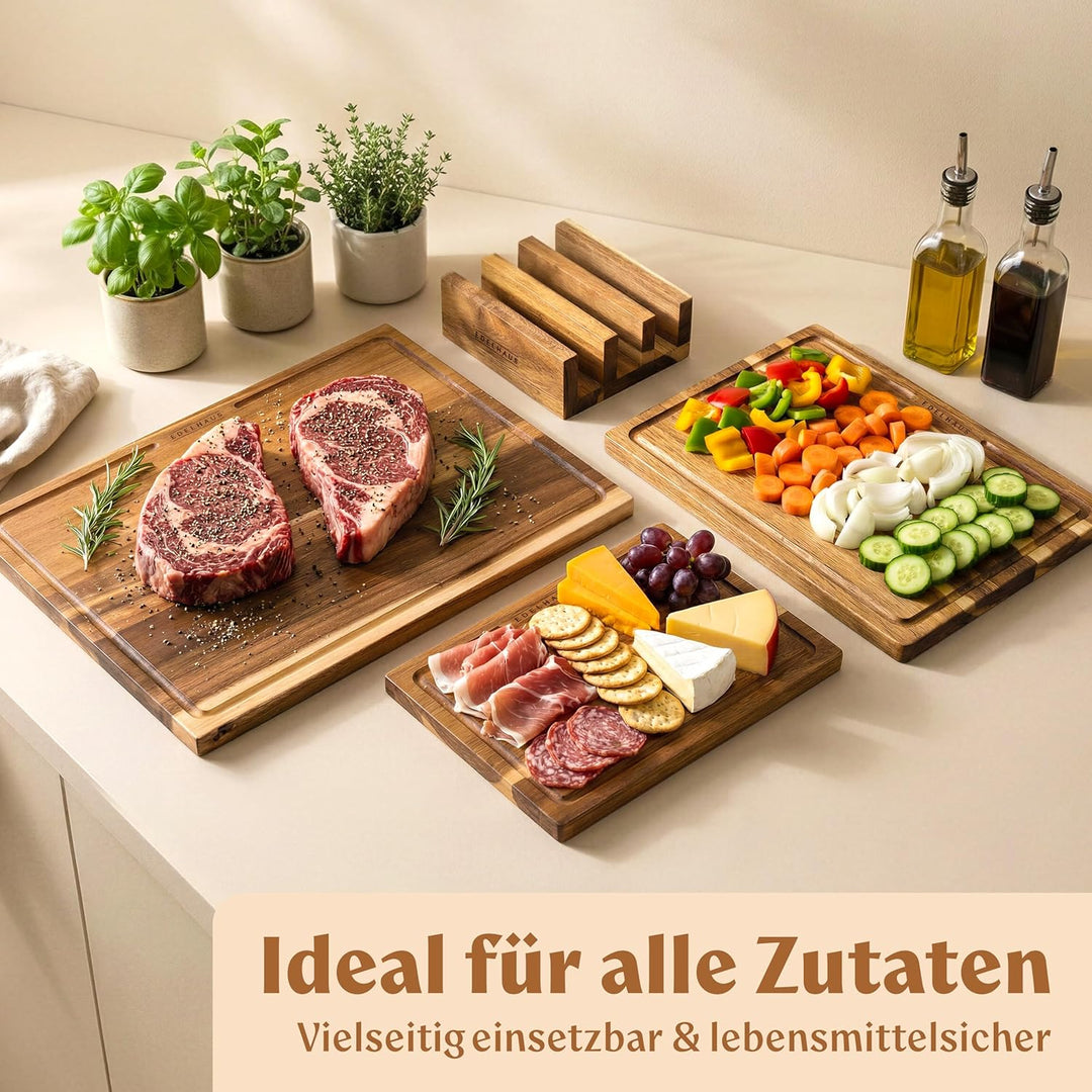 Schneidebrett Holz 3er Set (40x30cm / 33x24cm / 26x18cm) Holzschneidebrett aus Massiver Akazie - 2cm