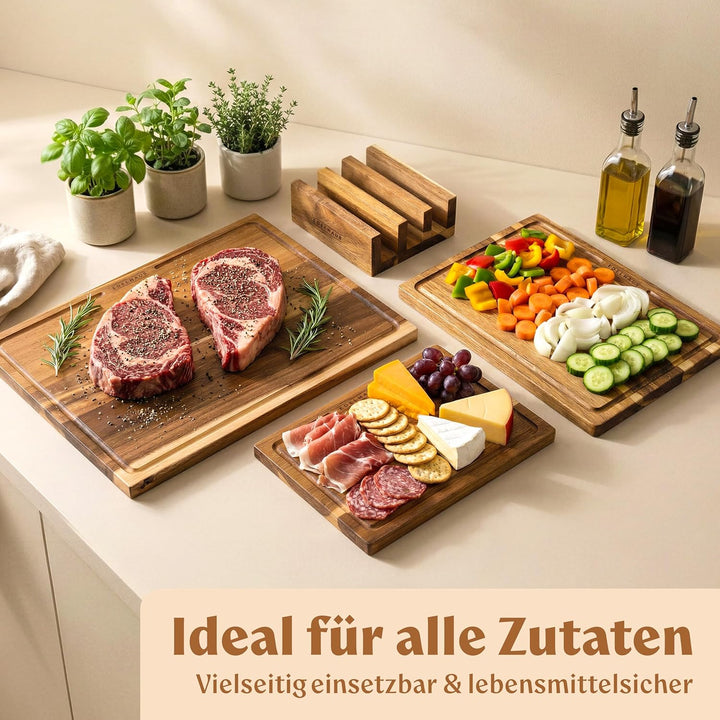 Schneidebrett Holz 3er Set (40x30cm / 33x24cm / 26x18cm) Holzschneidebrett aus Massiver Akazie - 2cm