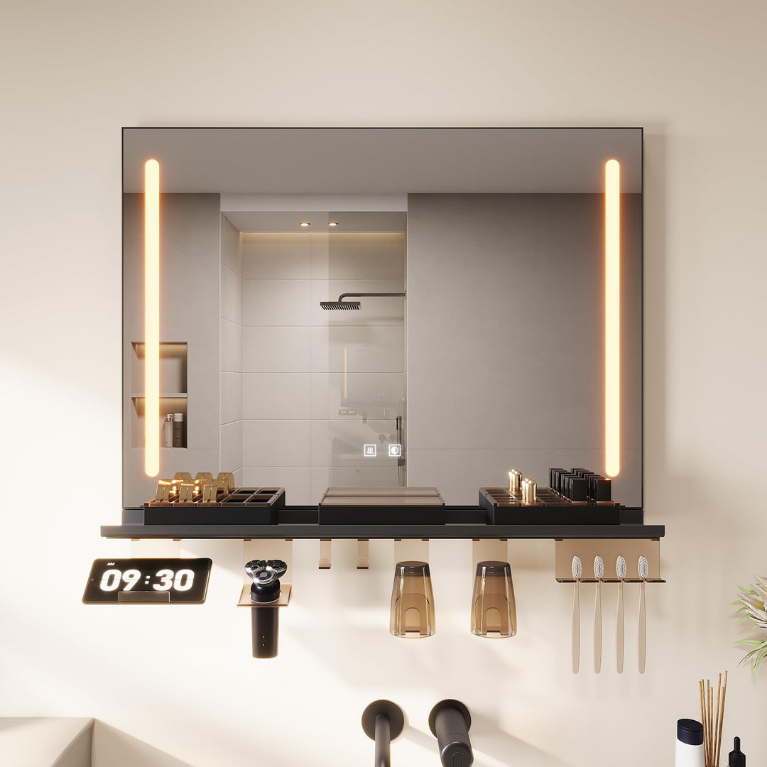 SONNI Badezimmerspiegel mit Beleuchtung 80x60 cm, LED Badspiegel mit Ablage 80cm, 3 einstellbare Lic