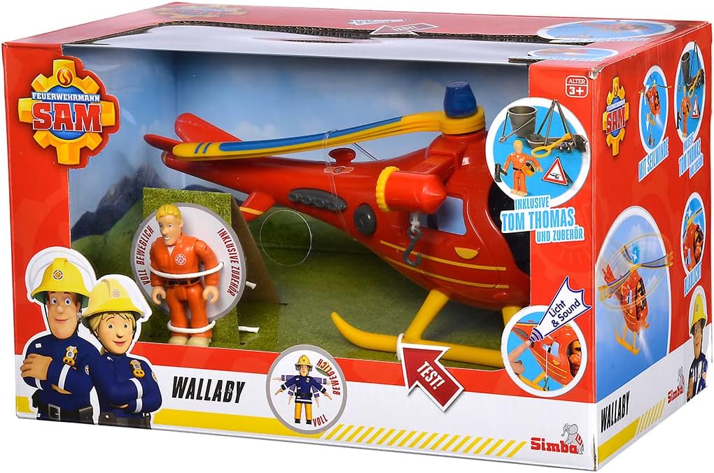 Simba 109252510 - Feuerwehrmann Sam Hubschrauber Wallaby mit Tom Figur, mit Originalsound, Blaulicht