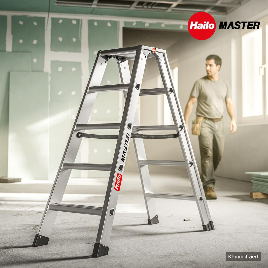 Hailo Master D100 Aluminium Doppelstufenleiter – beidseitig begehbare Stufenleiter - breite Rutschhe