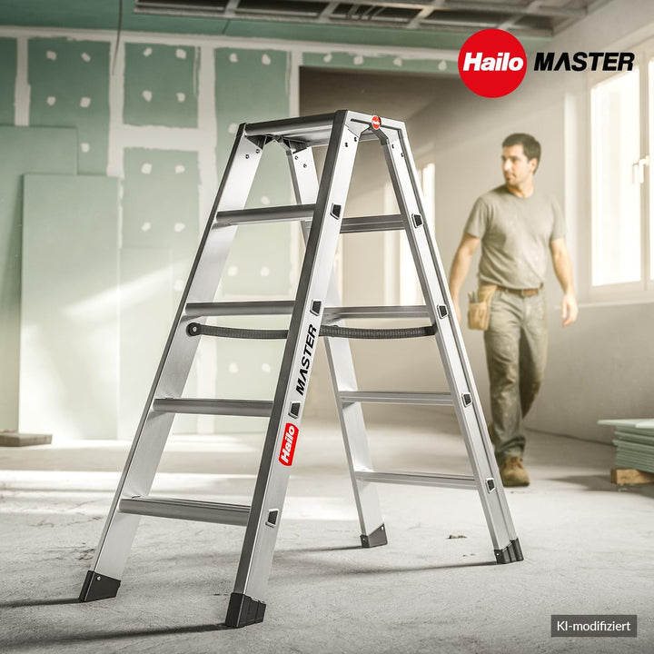 Hailo Master D100 Aluminium Doppelstufenleiter – beidseitig begehbare Stufenleiter - breite Rutschhe