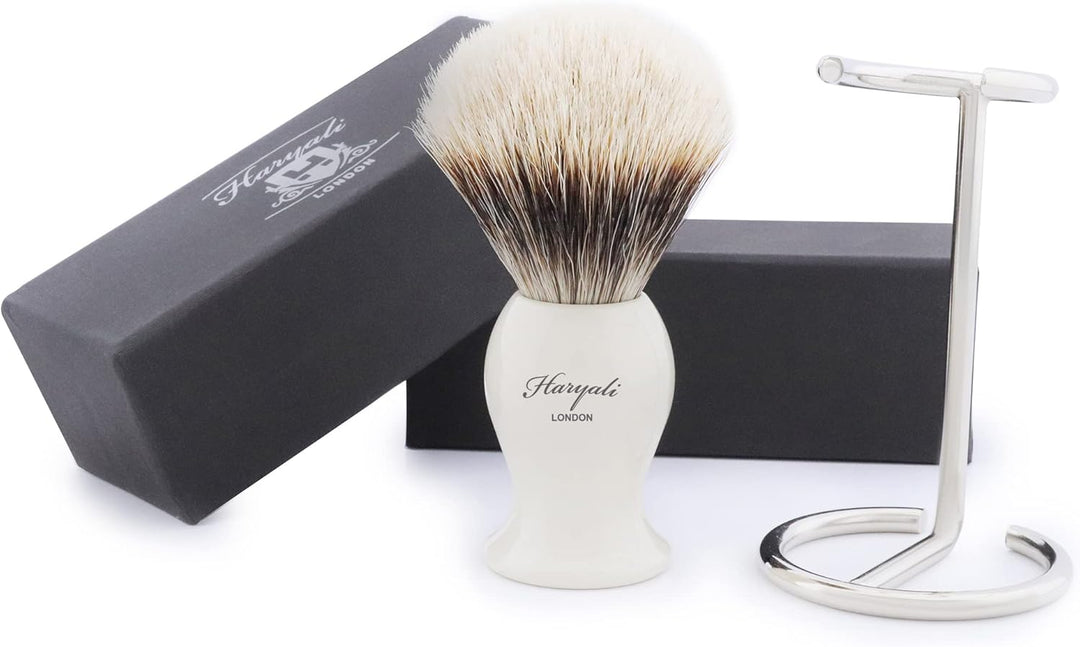 Dachshaar Rasieren Bürste mit Elfenbeinfarben Basis mit Pinselhalter/Ständer in Designer Box von Har