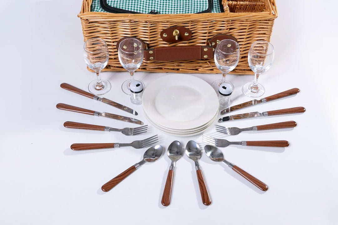2 Handgefertigte Picknickkörbe für 4 Personen mit Kühlfach, Edelstahlbesteck, Porzellanteller, Weing