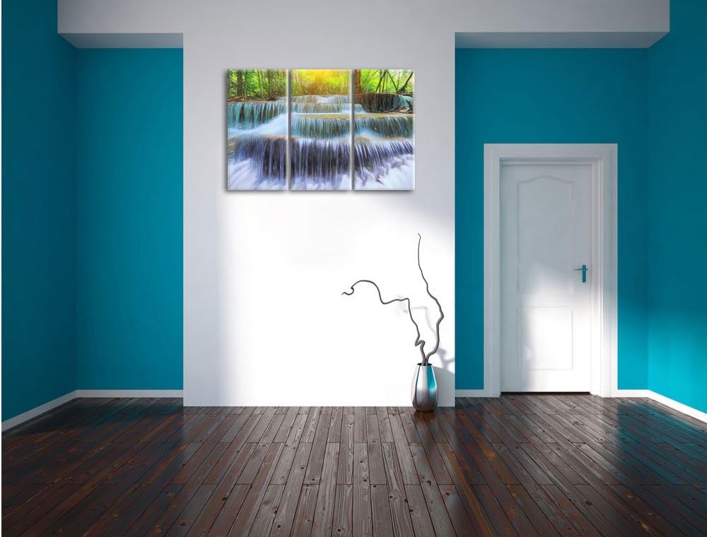 Pixxprint Wasserfall im Regenwald / 3-Teilig/Gesamtmass 120cm Leinwandbild bespannt auf Holzrahmen/W