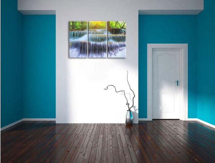Pixxprint Wasserfall im Regenwald / 3-Teilig/Gesamtmass 120cm Leinwandbild bespannt auf Holzrahmen/W