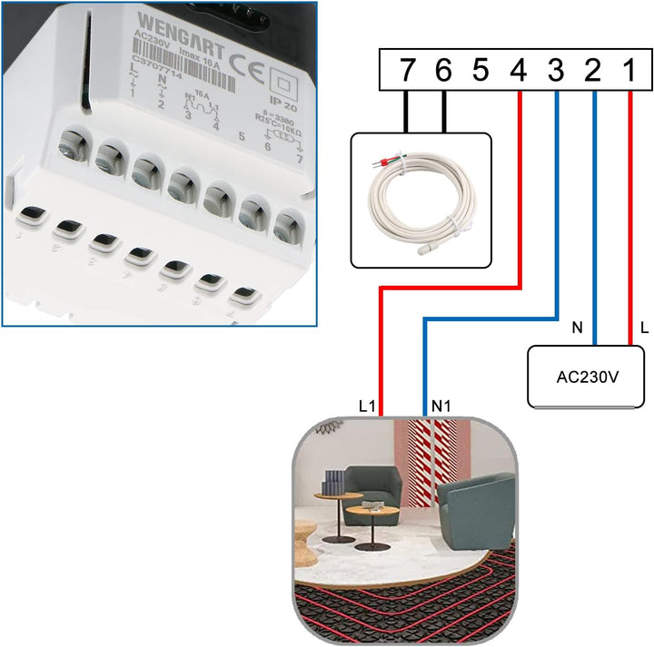 Wengart Raumthermostat Thermostat programmierbar LCD Touchscreen Digital weiss WG809, Unterputz für