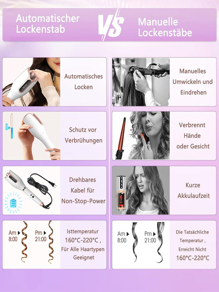 Automatischer Lockenstab mit 3 Zeit- &amp; 4 Temperaturstufen, Salonqualität für alle Haartypen (Weiss)