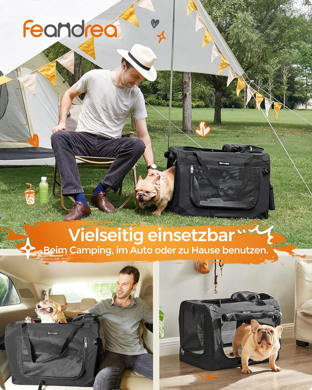 Feandrea Hundebox faltbar, Transportbox Hund, Grösse M, Hundetasche, Oxford-Gewebe, Netzstoff, atmun