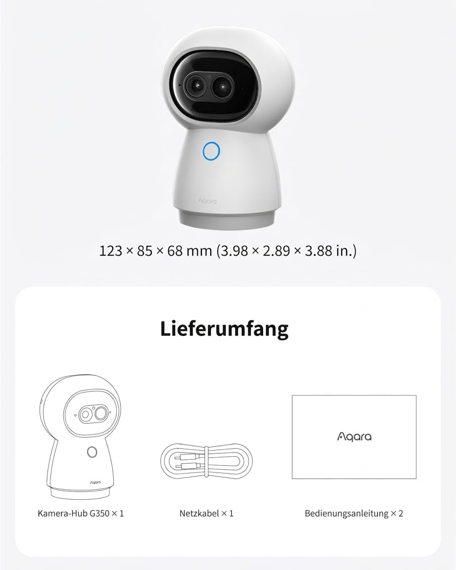 Aqara 4K UHD Dual Objektiv Kamera-Hub G350, Überwachungskamera Innen mit 9X Zoom und 360° PTZ, KI-Au