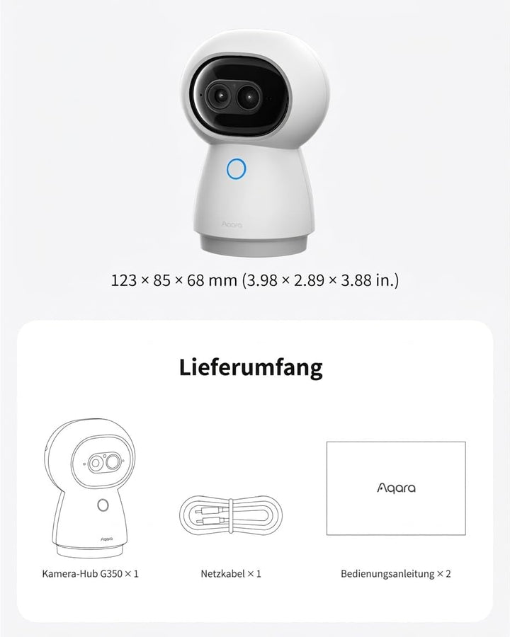 Aqara 4K UHD Dual Objektiv Kamera-Hub G350, Überwachungskamera Innen mit 9X Zoom und 360° PTZ, KI-Au