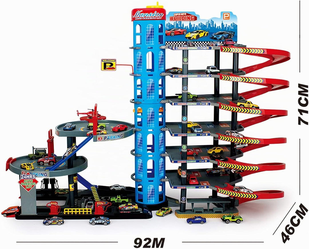 Parktower Spielset mit 9 Ebenen – inkl. 6 Metallautos &amp; Hubschrauber – Parkhaus mit Fahrstuhl, Tanks