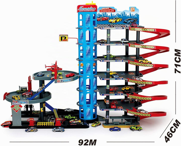 Parktower Spielset mit 9 Ebenen – inkl. 6 Metallautos &amp; Hubschrauber – Parkhaus mit Fahrstuhl, Tanks