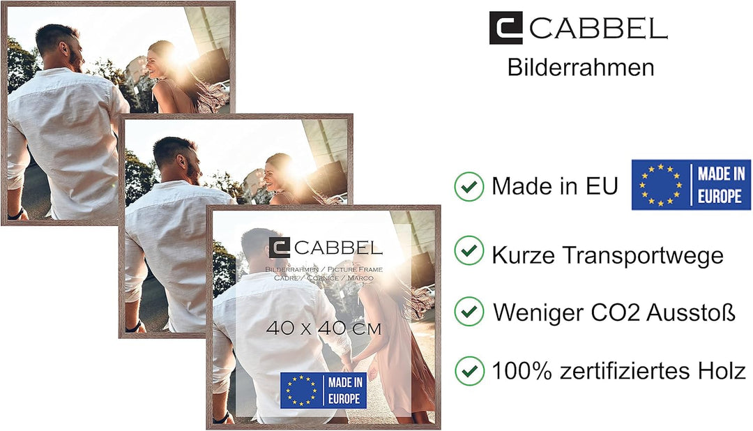 CABBEL Dreierpack (3 Stk.) Bilderrahmen 40x40 cm MDF Holz-Rahmen in Eiche Dunkel | mit bruchsicherem