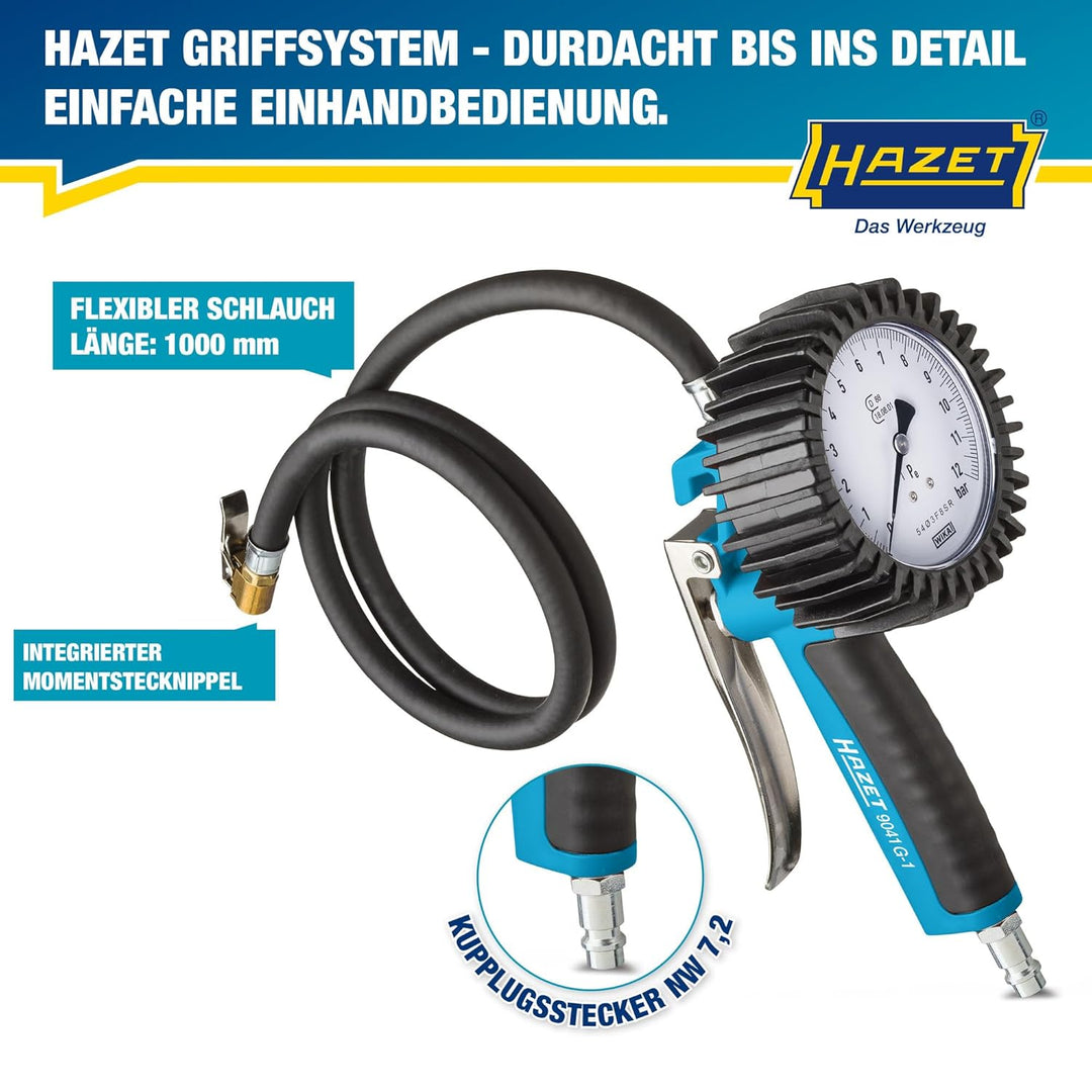 HAZET Reifenfüller 9041G-1, Geeicht, optimal ablesbar, Manometer-Messbereich: 0-10 bar, Schlauchläng