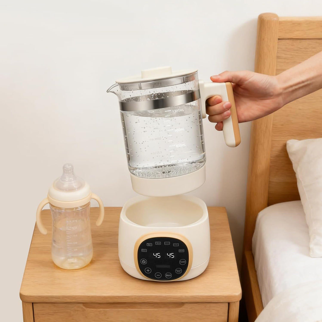 Flaschenwärmer Baby, 1,3L Wasserkocher Glas, Babykostwärmer mit Temperatur & 72h Warmhalten, Fünfstu