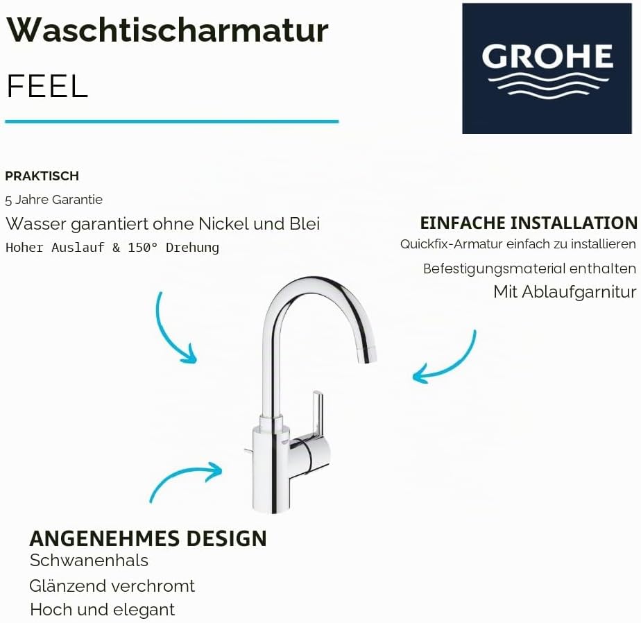 GROHE Feel - Einhand-Waschtischarmatur (1/2", L-Size, langlebige Oberfläche), chrom, 32723001 Sonsti