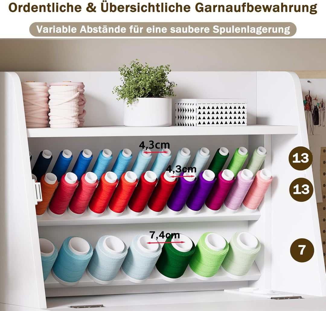 LED Nähtisch klappbar mit 33 Garnhalter & 2 Steckdosen, USB+Typ-C Nähmaschinenschrank mit viel Staur