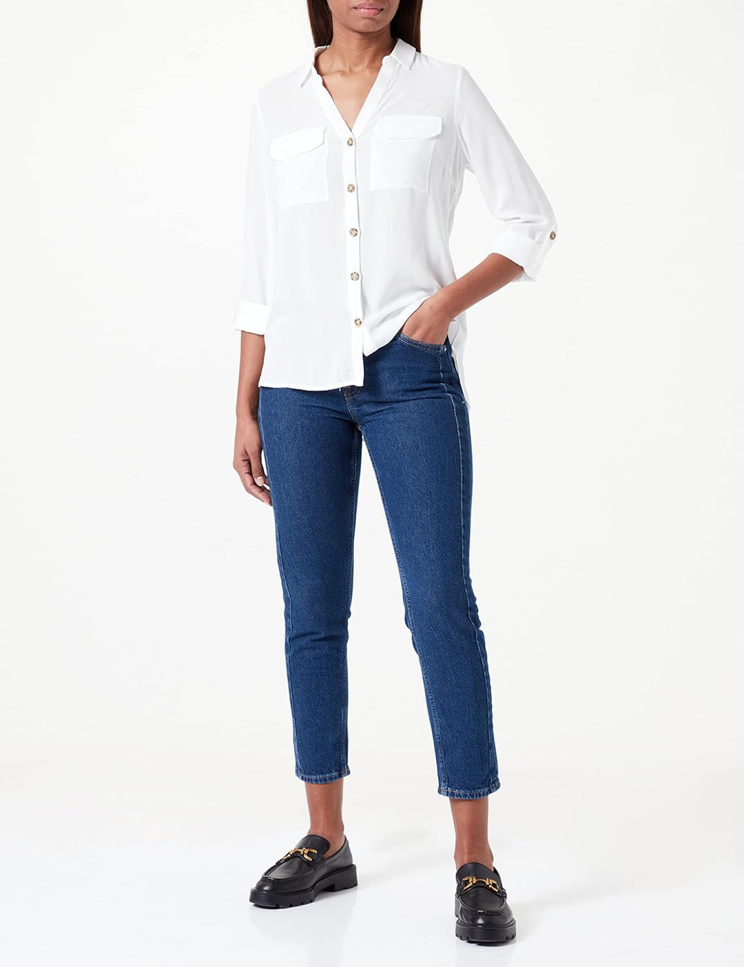 VERO MODA Damen Blusen Hemd Leger mit Brusttaschen Regular Stretch 3/4 Arm Top Oberteil XS Tall Snow