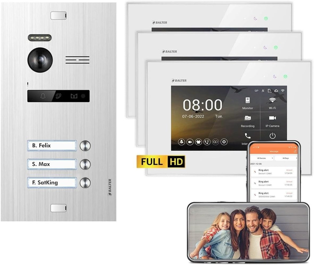 Balter EVO HD Silber/Weiss WiFi Video Türsprechanlage Set für 3 Familienhaus (1x Türstation mit Full