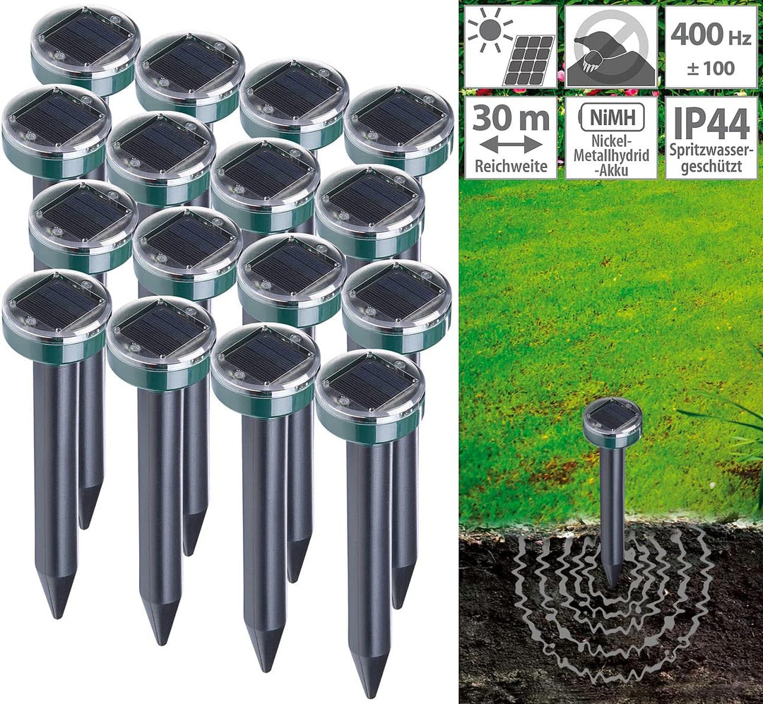 Royal Gardineer Solar-Maulwurf-Schrecke: 16er-Set Solar-Maulwurffrei-Erdspiesse, Akku, 400Hz, bis 11