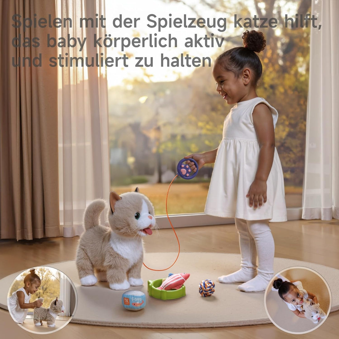 TUMAMA Interaktives Katze Spielzeug für Kinder, Kuscheltier Kittens Mit Fernbedienung Leine Der Läuf