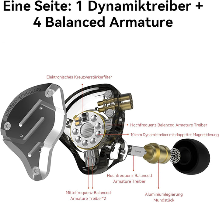 Yinyoo KZ ZS10 Pro kabelgebundene HiFi IEM Kopfhörer 4BA+1DD für Gaming mit Mikrofon, in Ear kopfhör