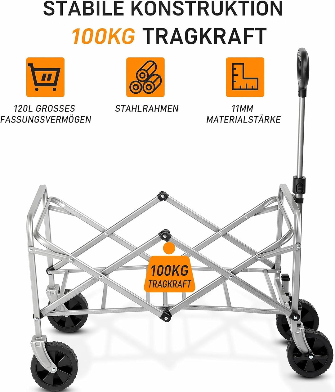 LEADZM Bollerwagen Faltbar, Handwagen 100 kg Tragkraft - für Camping, Einkäufe &amp; Outdoor, 74,5 x 45