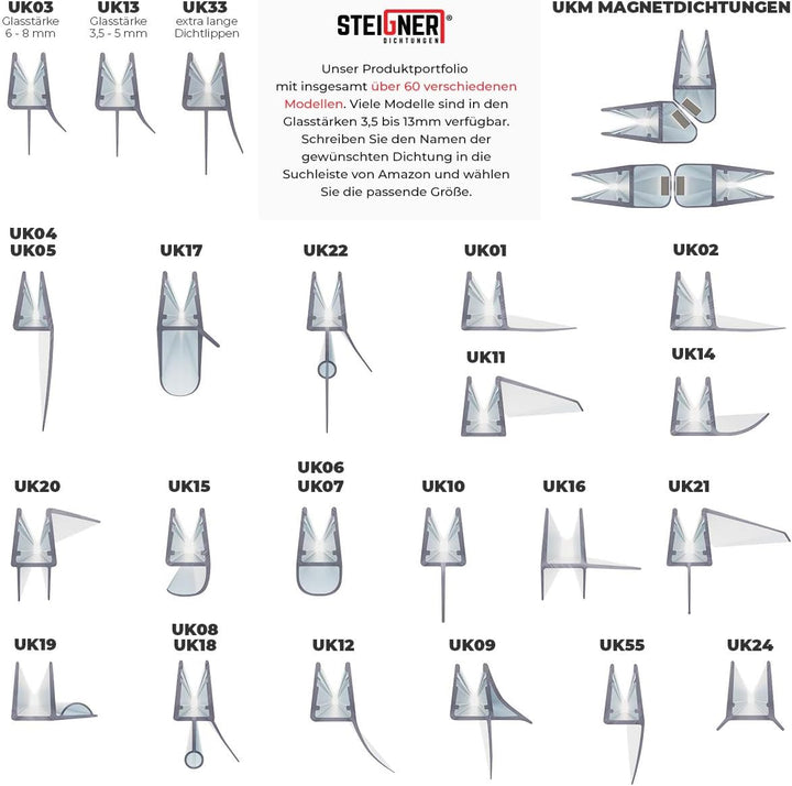 STEIGNER Duschdichtung, 120cm, Glasstärke 6/7/ 8 mm, Gerade PVC Ersatzdichtung für Dusche, UK55 UK55