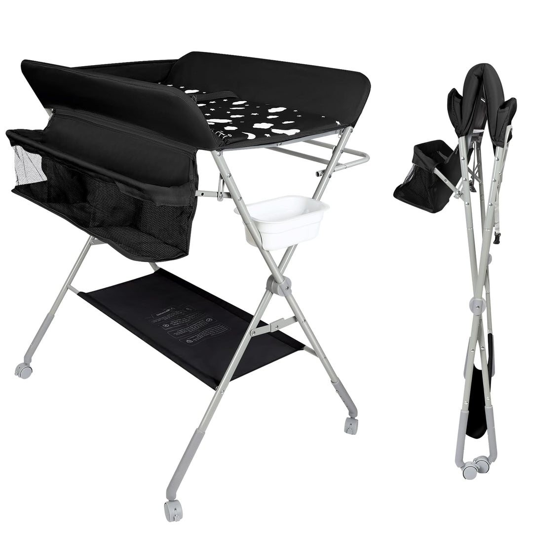 Baby Klappbarer Wickeltisch，Mobiler Wickeltisch mit Rollen und Wickelauflage,Wasserdicht und Höhenve