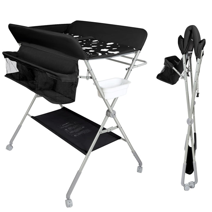 Baby Klappbarer Wickeltisch，Mobiler Wickeltisch mit Rollen und Wickelauflage,Wasserdicht und Höhenve