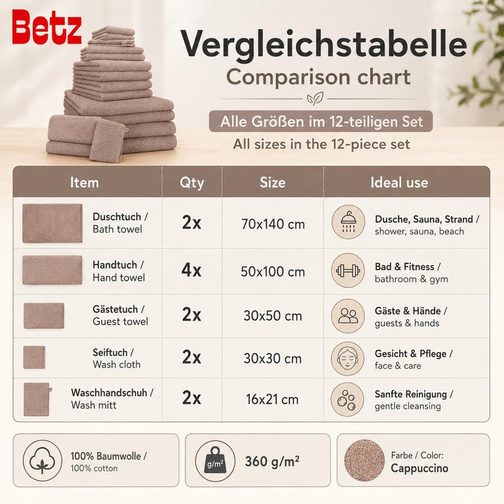 Betz 12 TLG. Handtuch Set Berlin 100% Baumwolle Liegetücher, Handtücher, Gästetücher, Seiftücher und