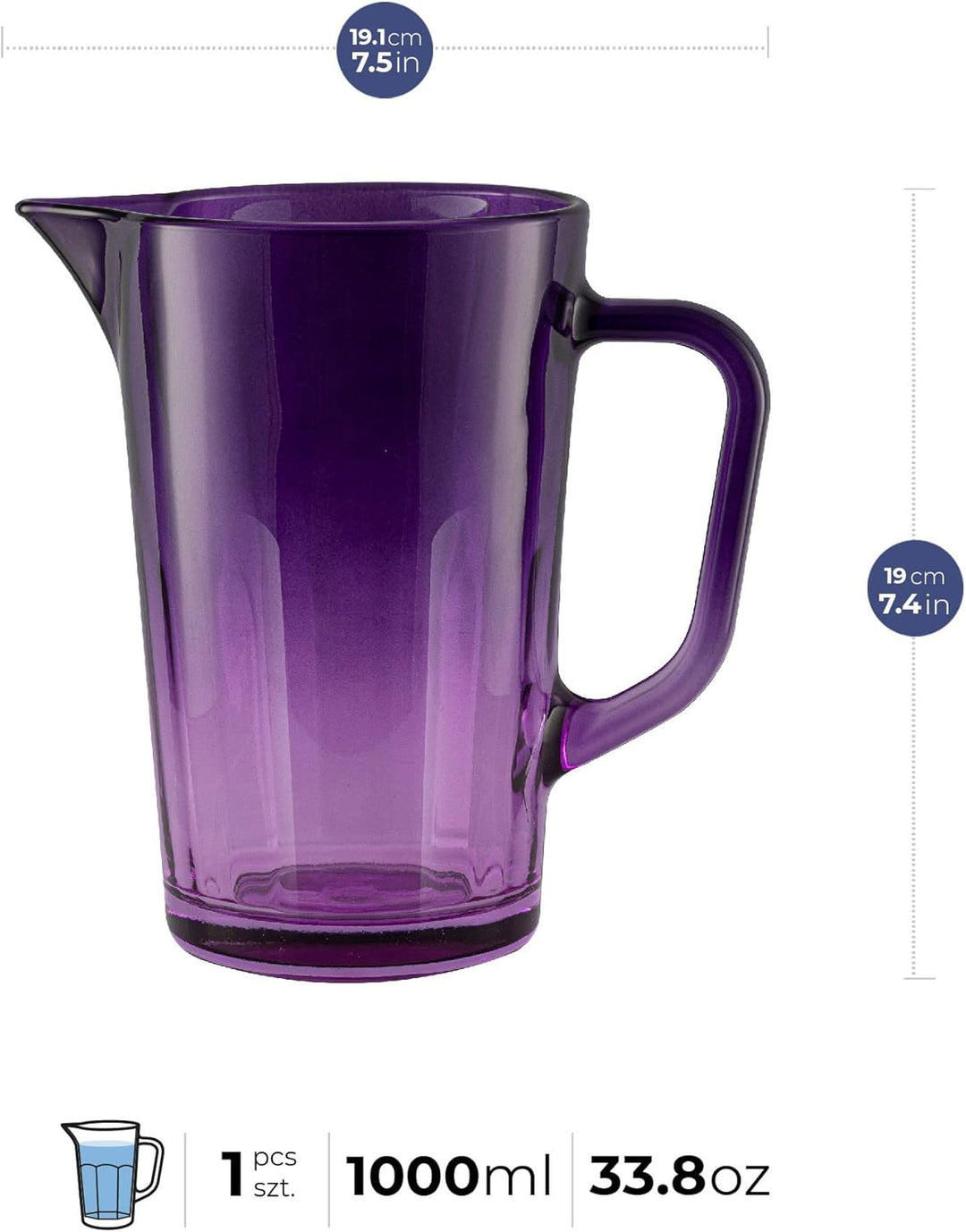 TREND FOR HOME Wasserkaraffe Glas 1 Liter mit Handlichem Griff Bunt Wasserkrug 19 cm Glaskanne Lila