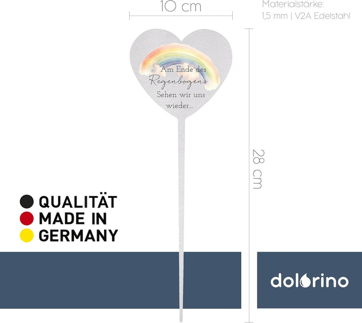 Dolorino Grabstecker Edelstahl Herz mit Spruch | Am Ende des Regenbogens sehen wir Uns Wieder | Grab