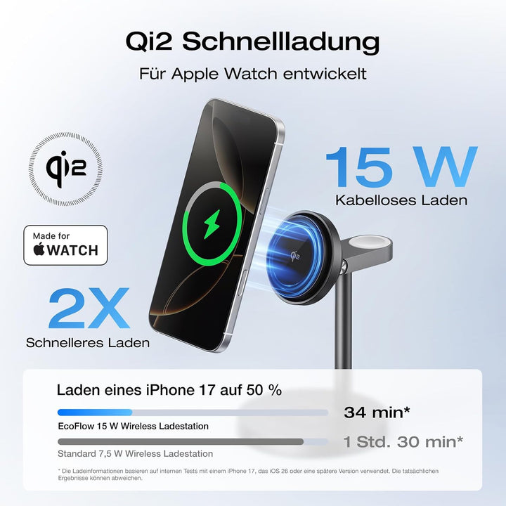 EcoFlow 3 in 1 Qi2 Magsafe Apple Ladestation mit Verstellbarer Ständer, Kabellose iPhone Ladestation