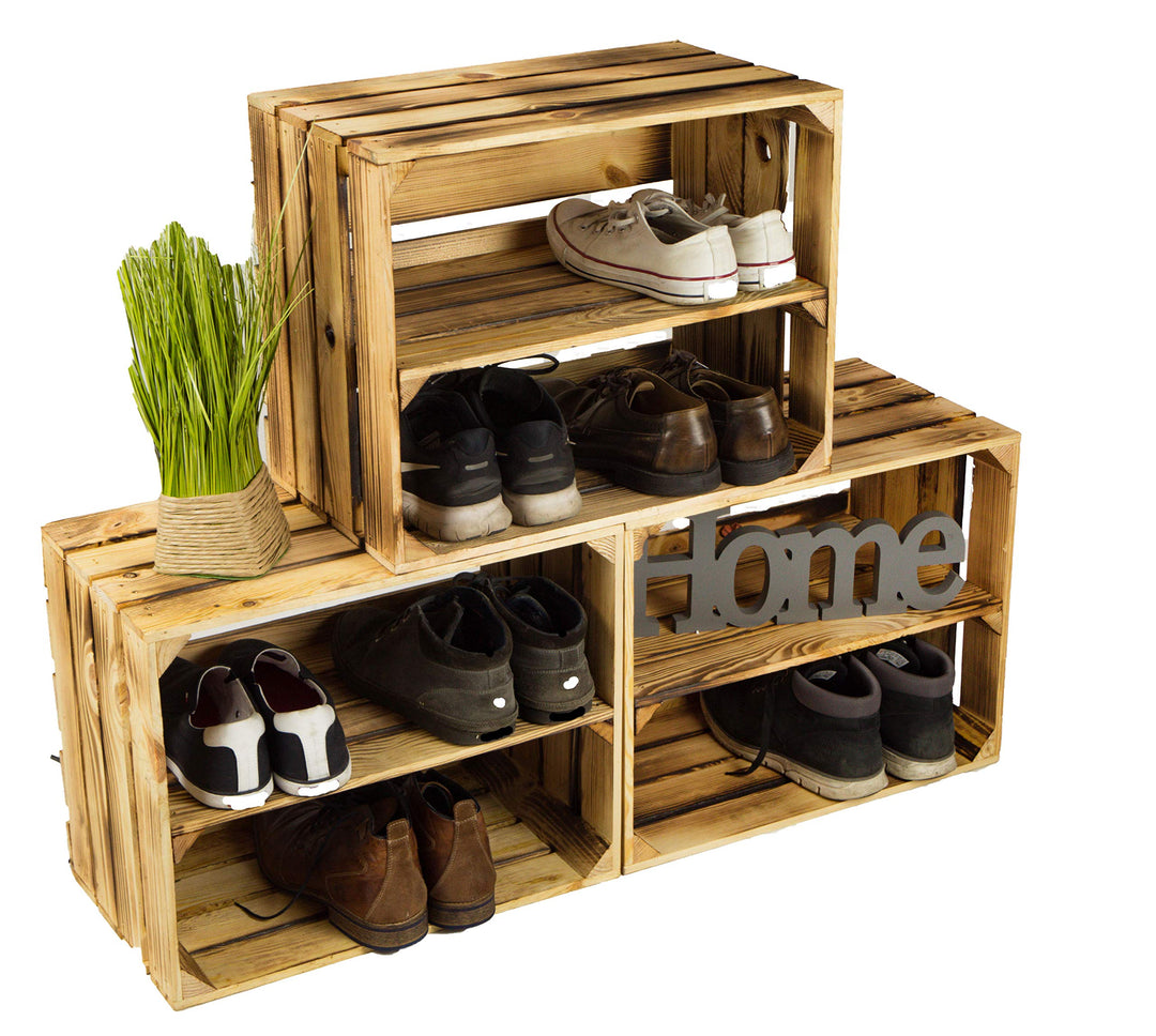 3 x Schuhschrank Schuhregal aus geflammten Holzkisten Schuhablage für 12 Paar Schuhe als Schuhstände