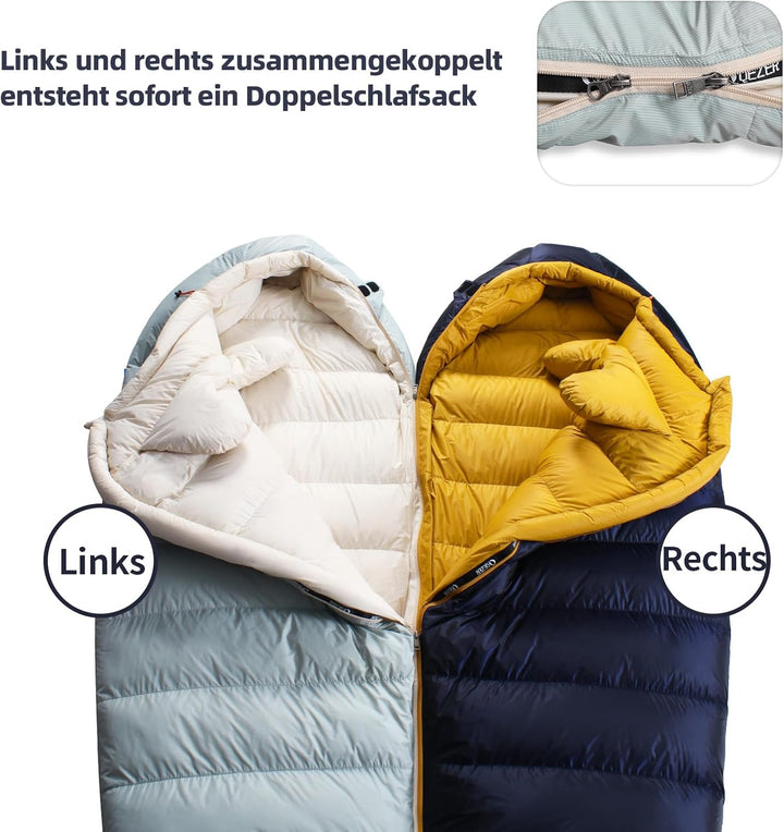 Daunenschlafsack, Winterschlafsack mit antistatischem Graphenfutter, 620FP Bauschkraft, 1450 Gramm,