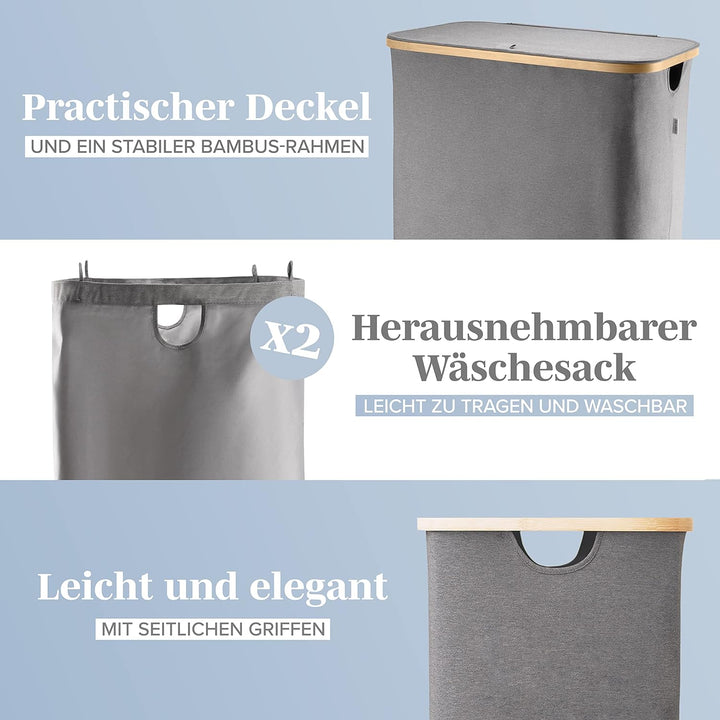 Lonbet - Doppelter Wäschekorb mit Deckel und zwei herausnehmbaren Wäschesäcken Grau – Extra grosser