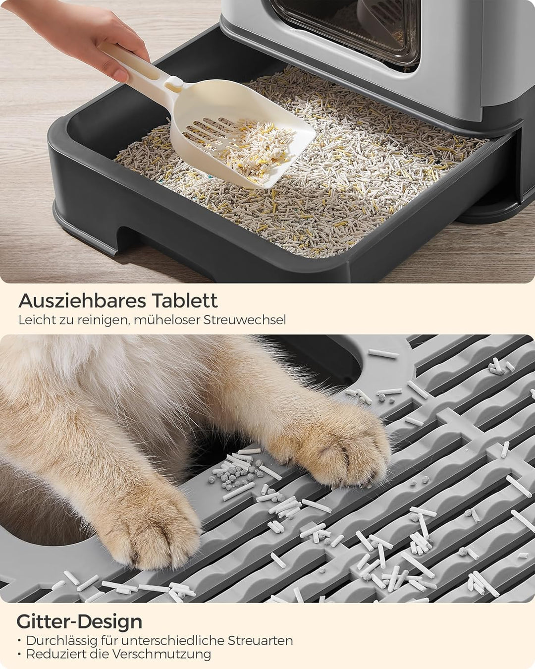 Feandrea Katzenklo 2er Set, Katzentoilette, mit Deckel, ausziehbares Tablett, Schaufel, Bürste, für
