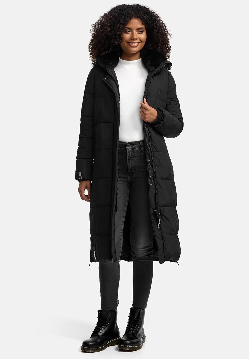 MARIKOO Damen Wintermantel Warmer Steppmantel lang mit Abnehmbarer Kapuze Reliziaa XS-3XL XL Schwarz