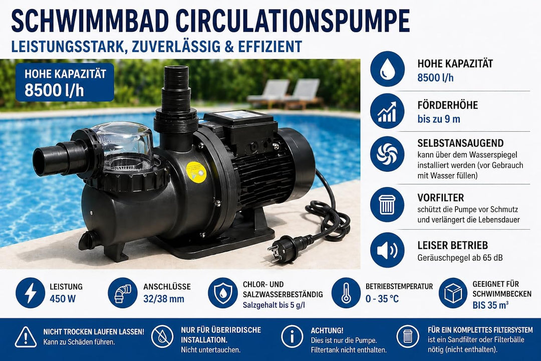 COIL Poolpumpe, Filterpumpe, Selbstansaugende, Umwälzpumpe, Förderhöhe max.8,5m, leiser Motor: von 6