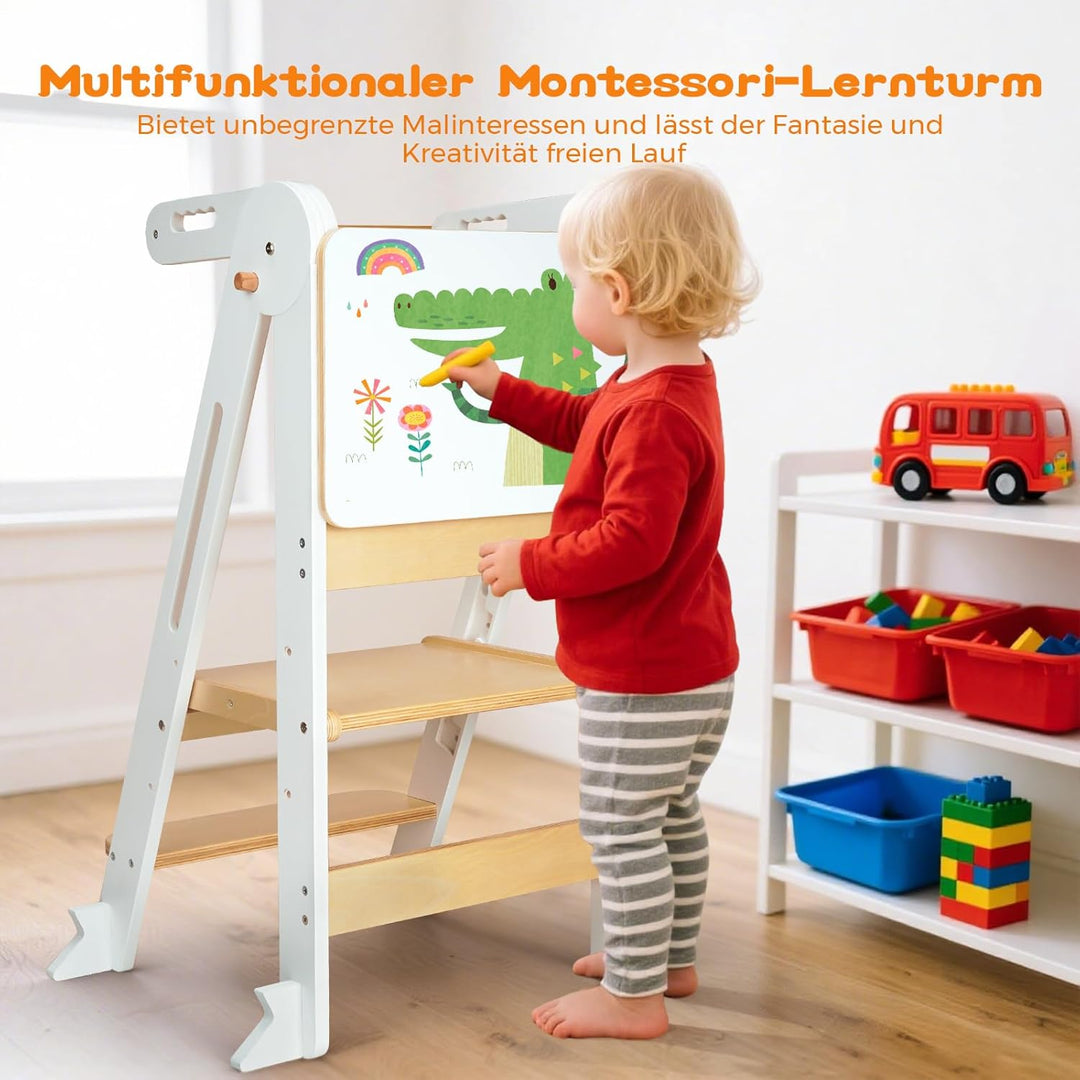 Montessori Lernturm Klappbar, Lernturm ab 1 Jahr mit Reissbrett/Sicherheitshandlauf, Learning Tower
