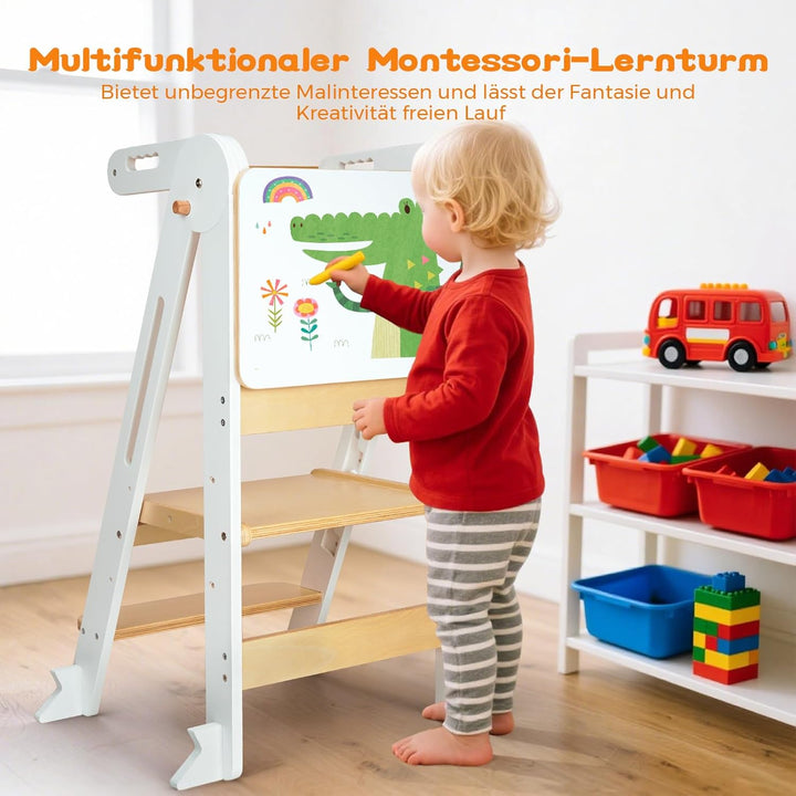 Montessori Lernturm Klappbar, Lernturm ab 1 Jahr mit Reissbrett/Sicherheitshandlauf, Learning Tower