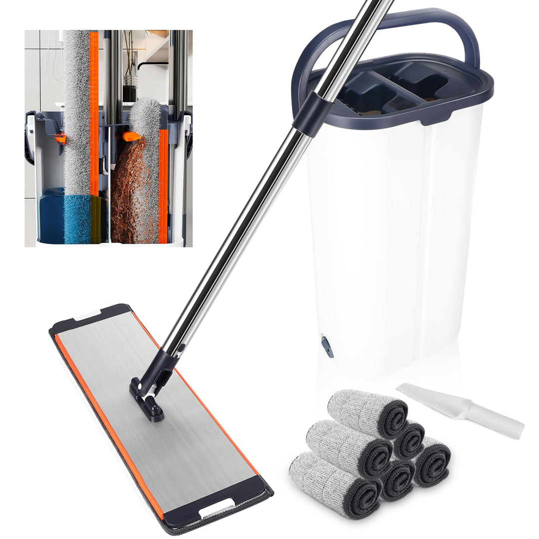 Wischmopp Set mit Eimer, Set mit 6 Mikrofaser Pads und Ausgestattet mit 164cm verlängertem und verdi