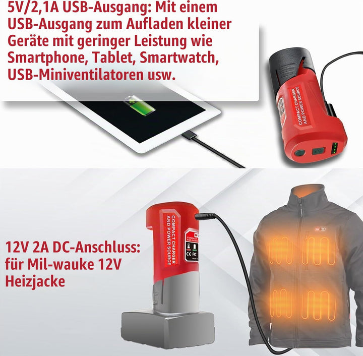 M12 Akku Ladegerät mit Typ-C Anschluss &amp; DC 12V Ausgang, Ersatz-Netzteil für Milwaukee M12 12V Akku