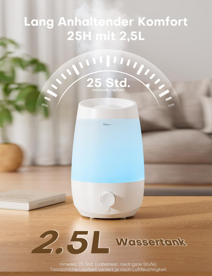AROEVE Luftbefeuchter Schlafzimmer, 2,5L Luftbefeuchter Kinderzimme, 250 ml/h, 25H Ätherisches Öl Di