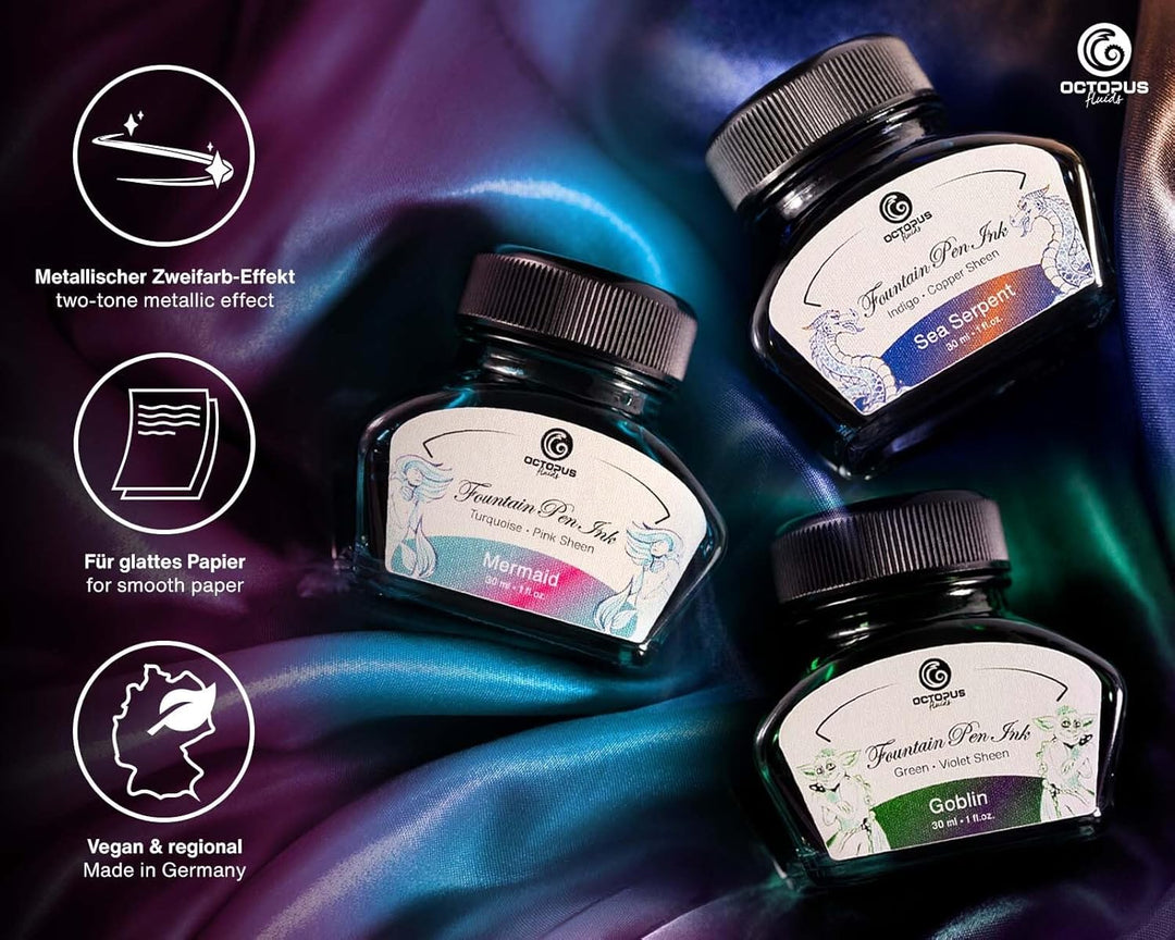 Octopus Fluids 3 x 30 ml Füllhaltertinte Sheen mit Konverter, Set FANTASY, FANTASY