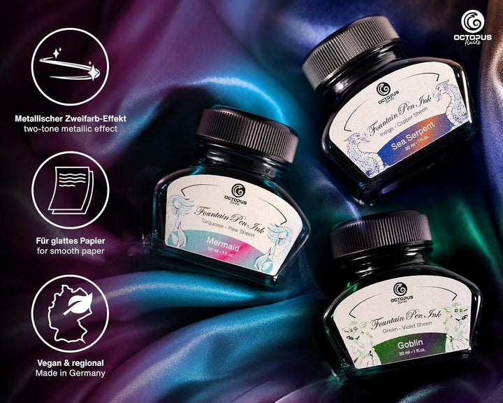 Octopus Fluids 3 x 30 ml Füllhaltertinte Sheen mit Konverter, Set FANTASY, FANTASY