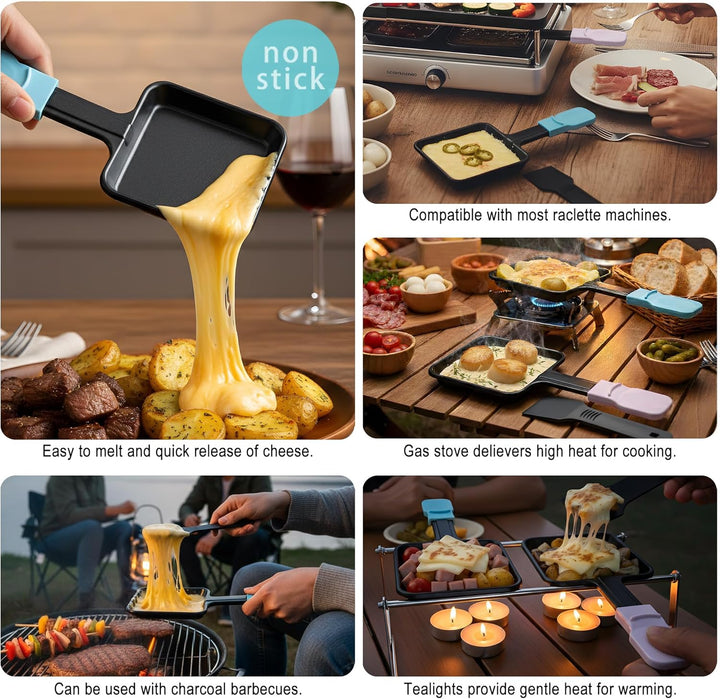 Tragbares Mini Raclette Set für 2 Personen, 2 Antihaft Pfännchen Blau & Pink, 2 Nylon Spatel, Klappb
