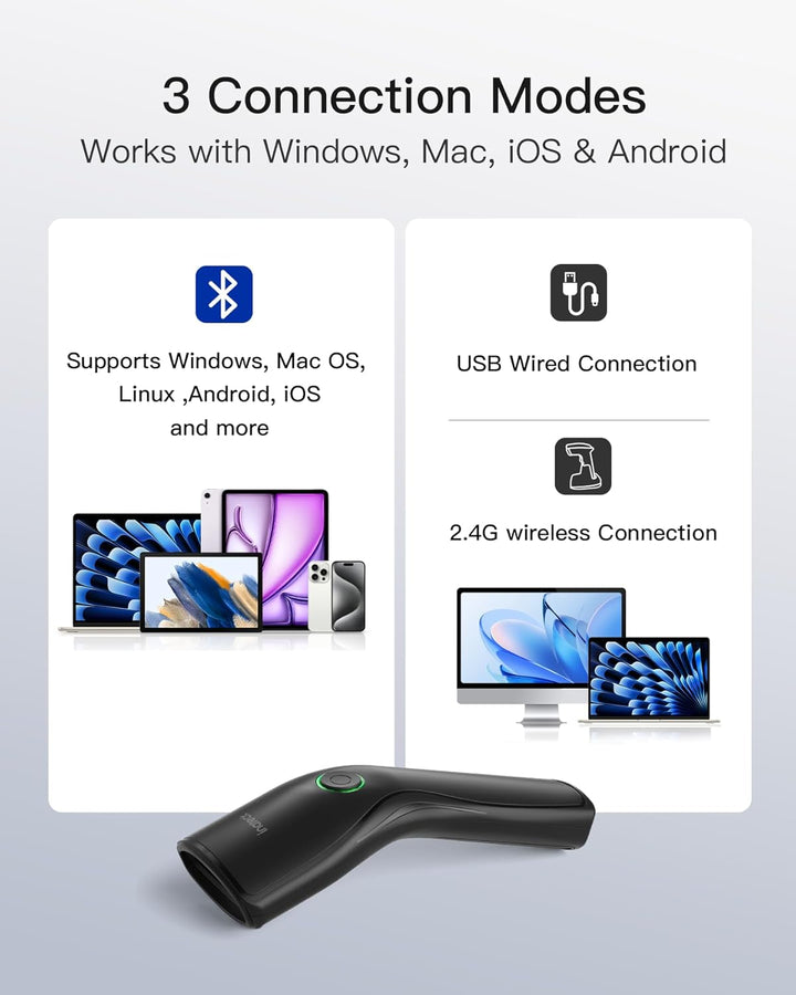 Inateck Leicht Barcode Scanner 2D Bluetooth, mit USB und 2.4G Kabellos | QR Code Scanner mit Abnehmb